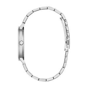  Side profile of the Caravelle by Bulova 43A150, showcasing the sleek stainless steel case and bracelet.