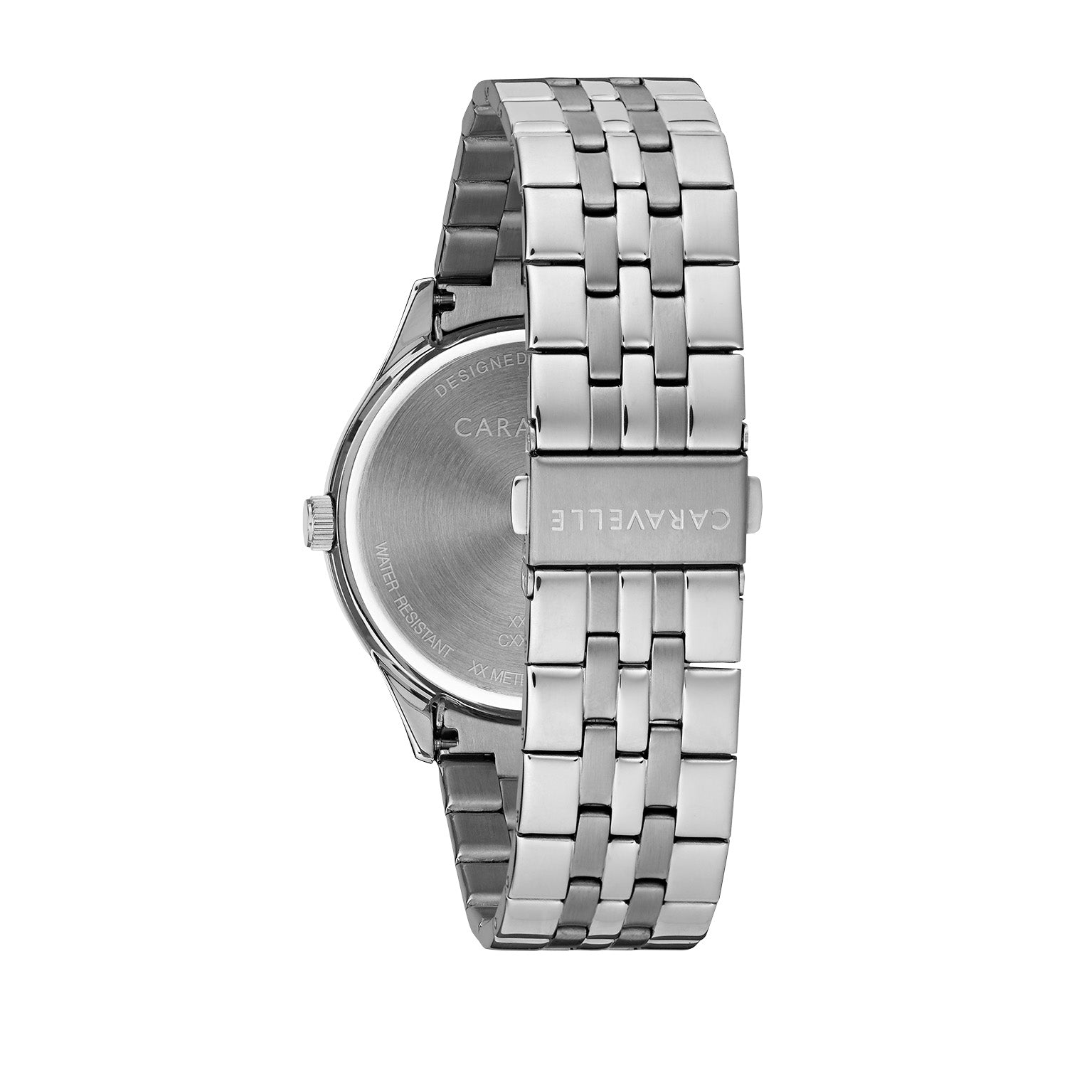 Back view of the Caravelle by Bulova 43B158, showcasing the stainless steel case back with engraved branding and the bracelet's clasp mechanism.​