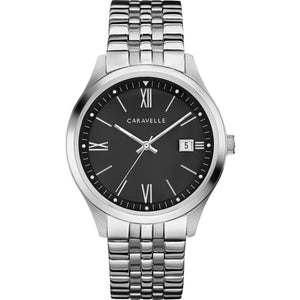 Caravelle by Bulova 43B158 men's watch featuring a black dial with Roman numeral and stick markers, encased in a 41mm stainless steel case, paired with a stainless steel bracelet—front view.​