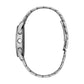 Side profile of the Caravelle by Bulova 43B158, highlighting the sleek stainless steel case and the integration of the bracelet with a double-press fold-over clasp.​