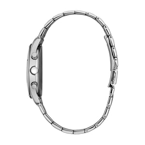 Side profile of the Caravelle by Bulova 43B158, highlighting the sleek stainless steel case and the integration of the bracelet with a double-press fold-over clasp.​