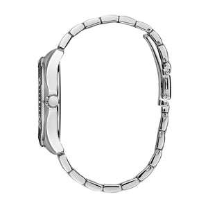 Side profile of the Caravelle by Bulova 43B162, highlighting the sleek stainless steel case and the integration of the bracelet with a secure buckle closure.​