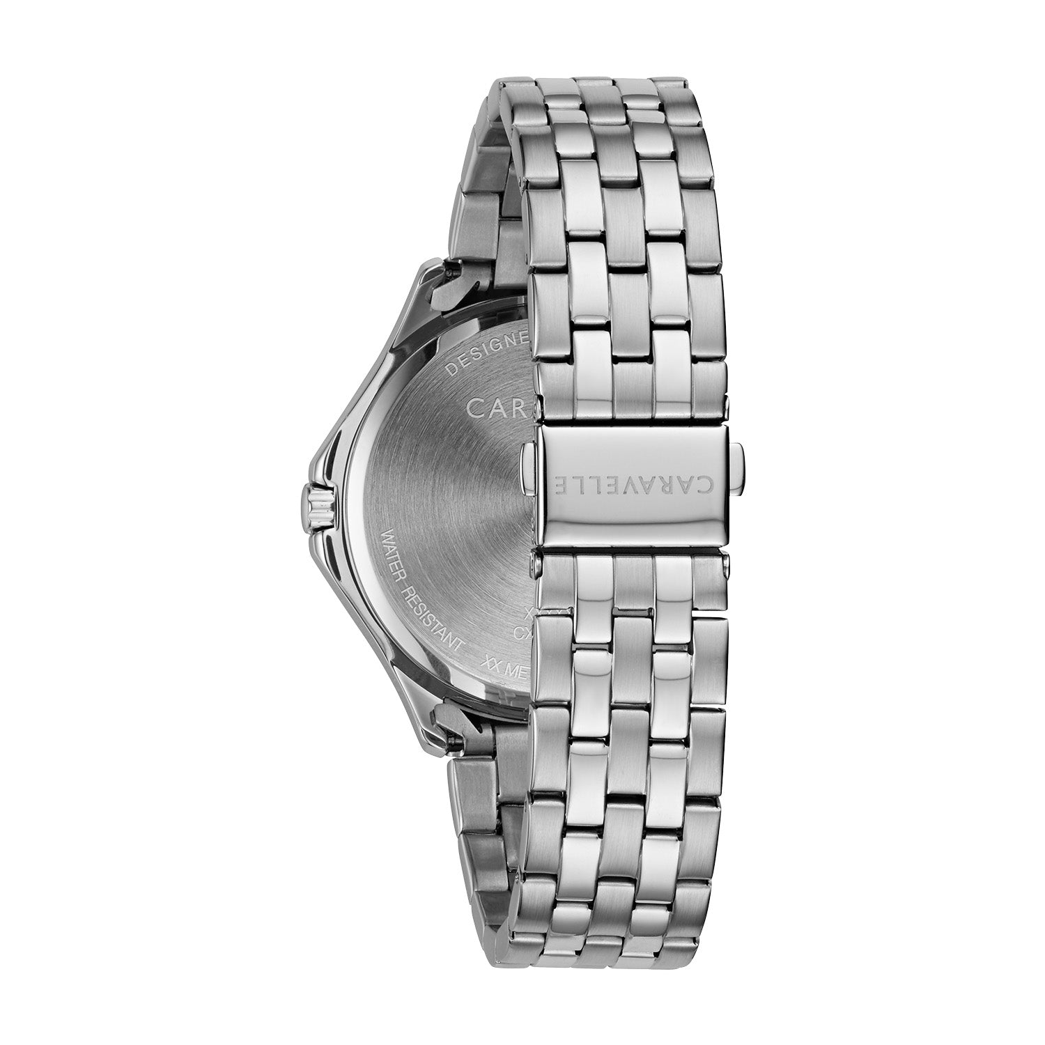 Back view of the Caravelle by Bulova 43B162, showcasing the stainless steel case back with engraved branding and the bracelet's clasp mechanism.​