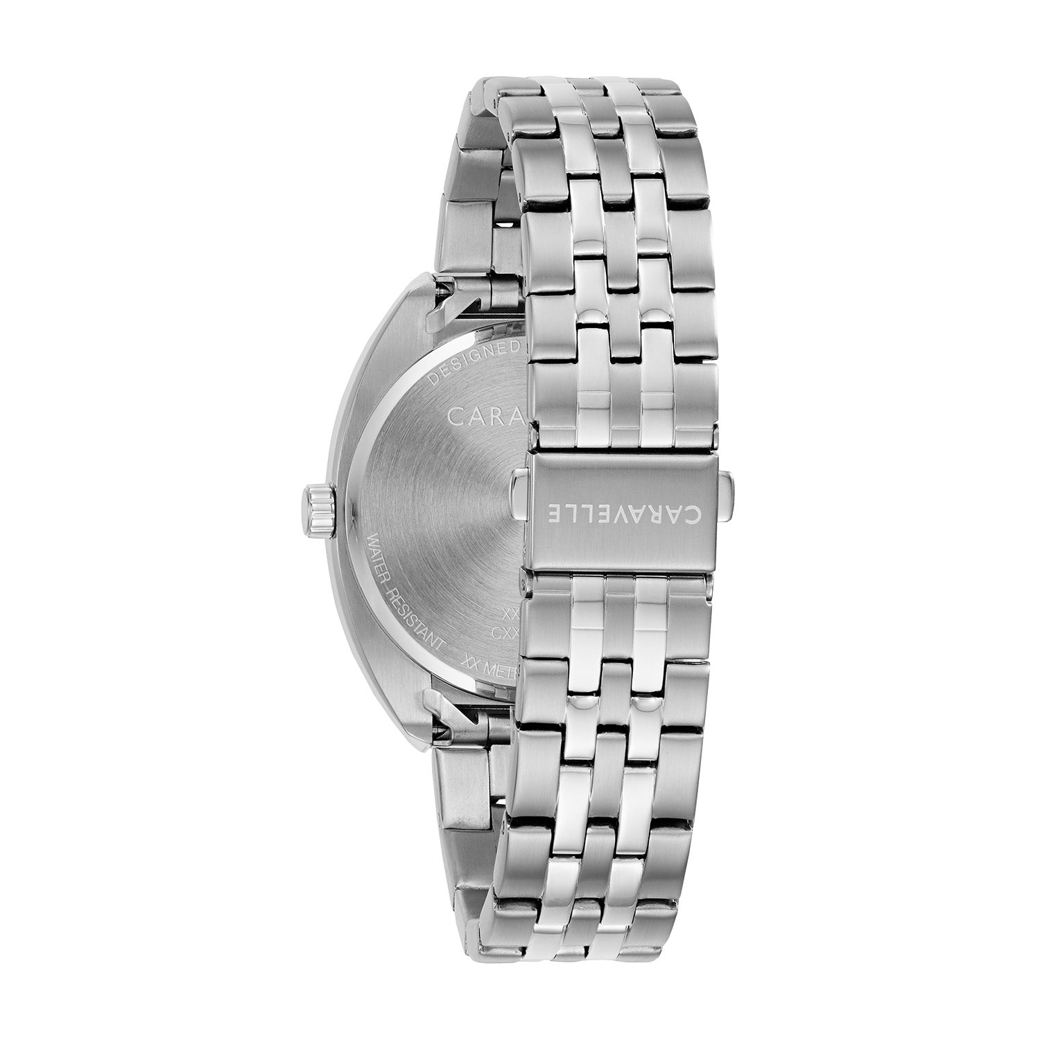  Rear view of the Caravelle 43C120, showcasing the stainless steel case back and bracelet with double-push fold-over clasp.