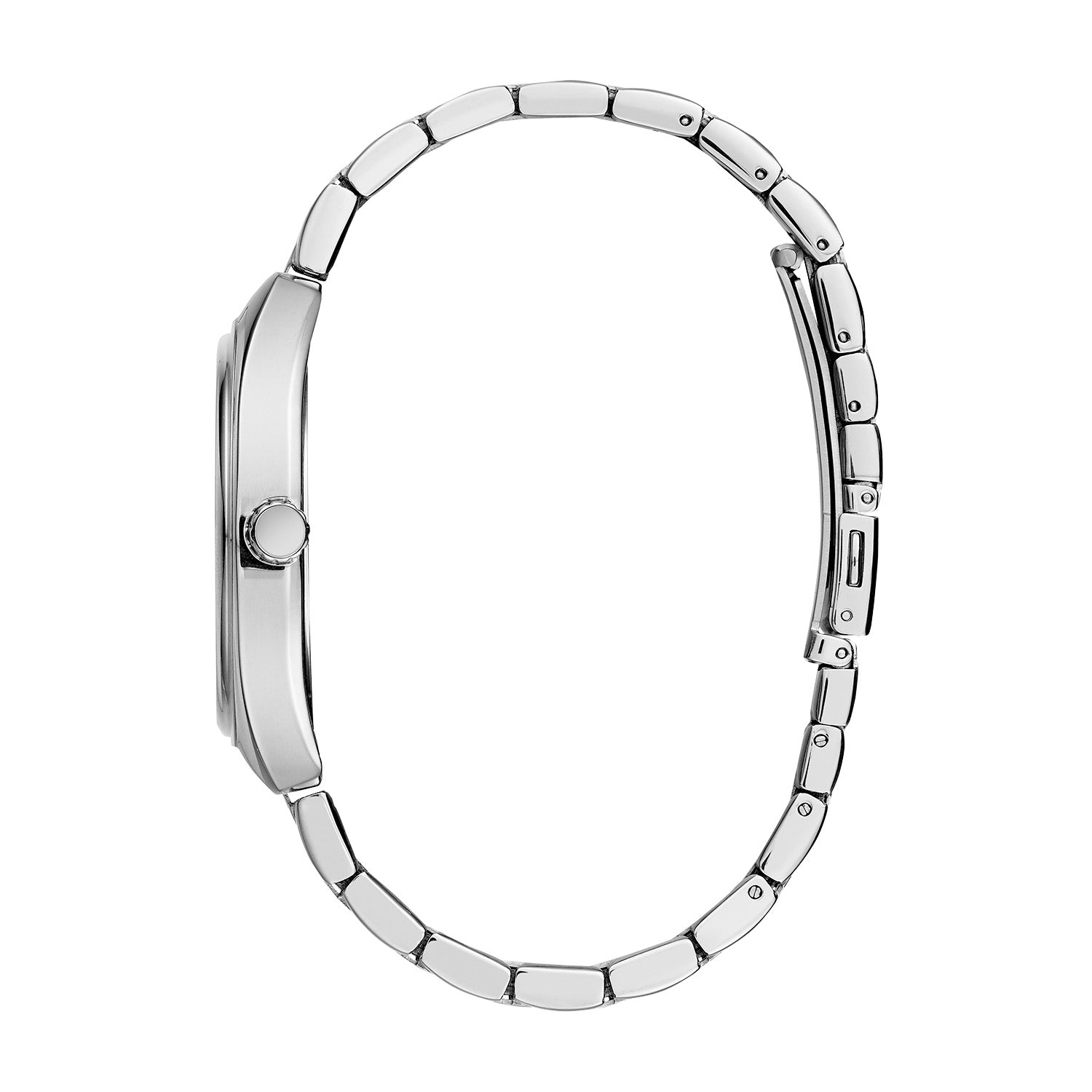 Profile view of the Caravelle 43C120, highlighting its saddle-shaped case design and mineral crystal.
