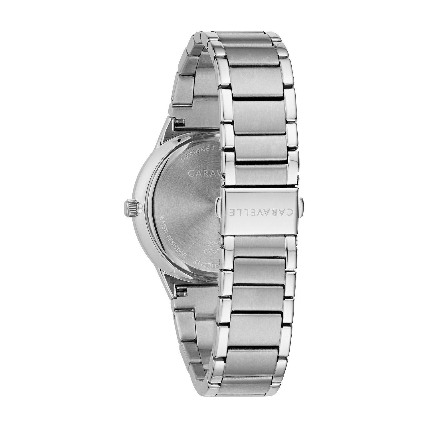  Rear view of the Caravelle 43D106, showcasing the stainless steel case back and bracelet with double-press fold-over clasp.​