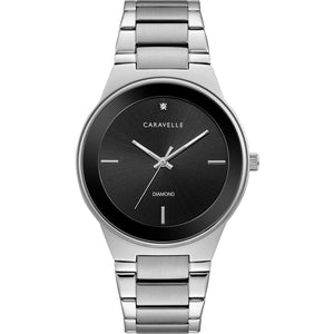  Caravelle by Bulova 43D106 watch featuring a 40mm stainless steel case, matte black dial with a diamond at 12 o'clock, and a stainless steel bracelet—front view.