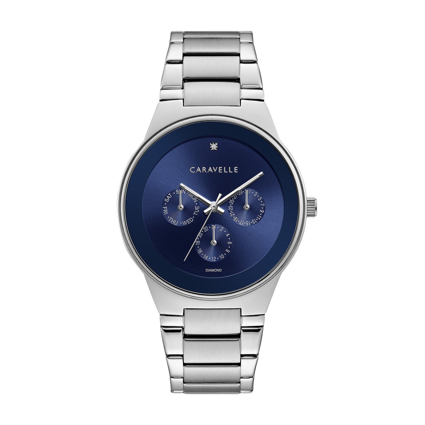 Caravelle by Bulova 43D107 men's watch showcasing a diamond-accented midnight blue dial with luminous hands and multifunction sub-dials.