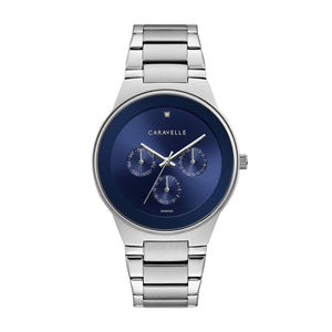 Caravelle by Bulova 43D107 men's watch showcasing a diamond-accented midnight blue dial with luminous hands and multifunction sub-dials.