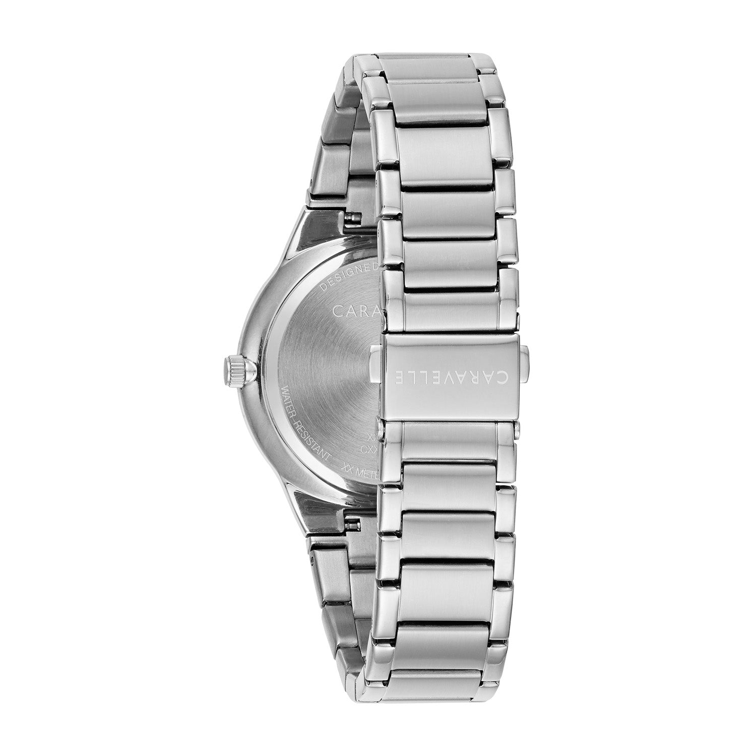 Reverse side of the Caravelle by Bulova 43D107, displaying the stainless steel case back with engraved brand logo.
