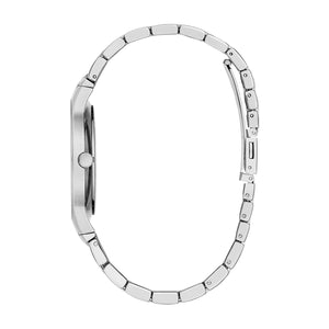 Profile view of the Caravelle by Bulova 43D107, highlighting the sleek stainless steel case and bracelet design.