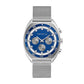 Caravelle by Bulova 43K100 men's watch featuring a blue dial with bold white markers, housed in a saddle-shaped stainless steel case—front view.