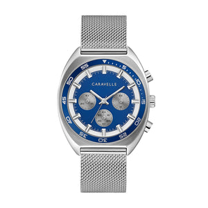 Caravelle by Bulova 43K100 men's watch featuring a blue dial with bold white markers, housed in a saddle-shaped stainless steel case—front view.