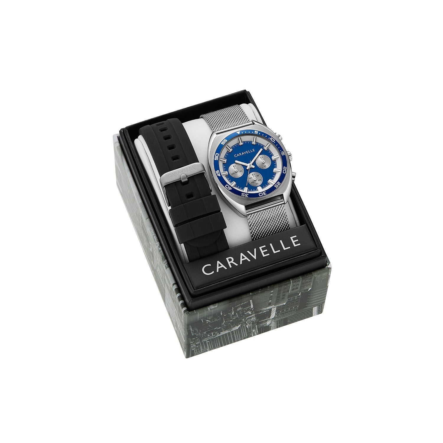Caravelle by Bulova 43K100 presented in its original branded box, complete with two interchangeable straps and user manual.