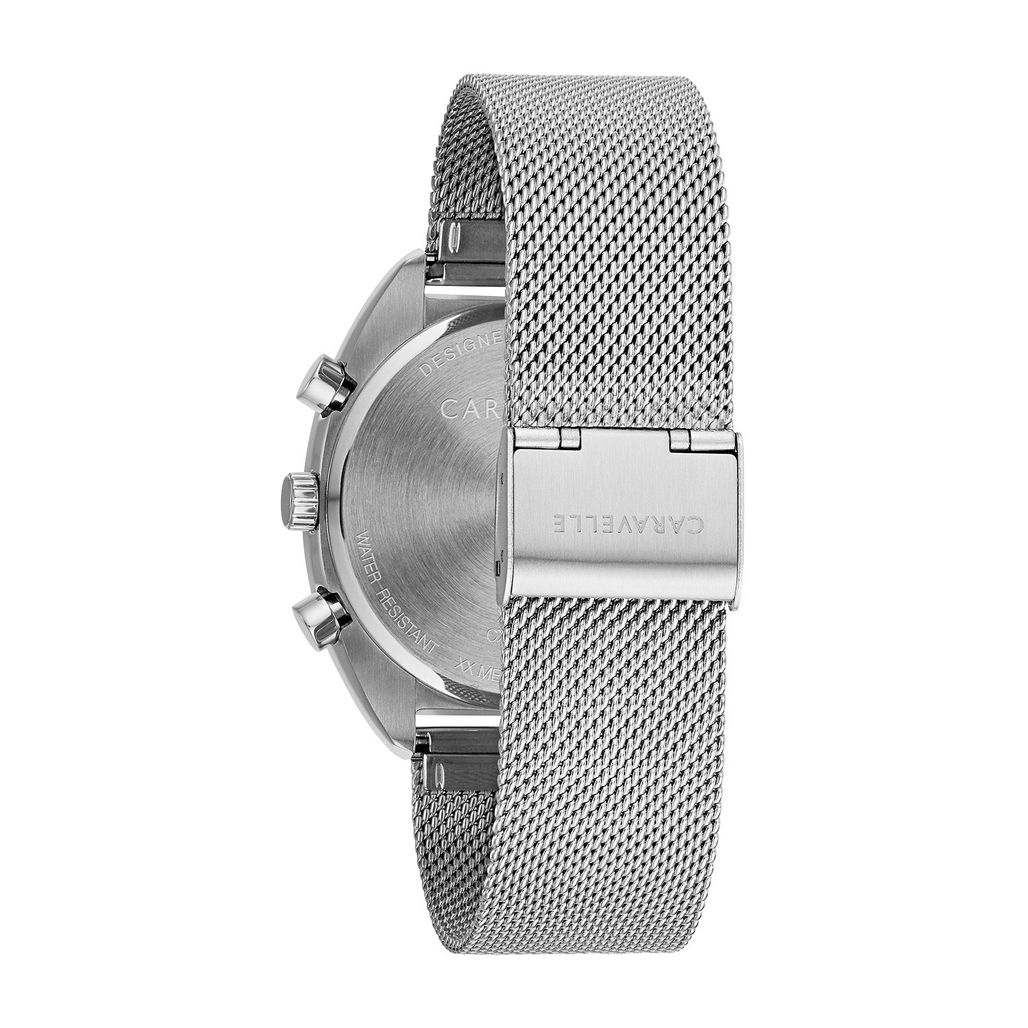 Back view of the Caravelle by Bulova 43K100, showcasing the stainless steel case back with engraved branding and quick-release pins for strap changes.