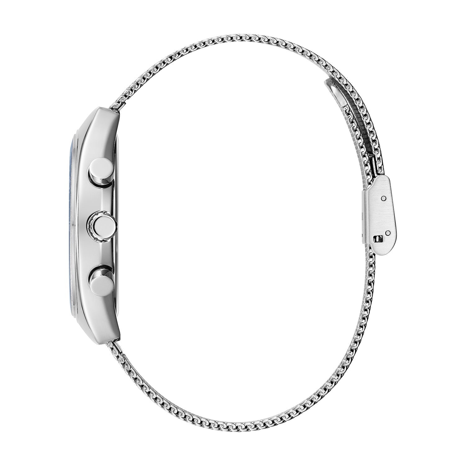 Side profile of the Caravelle by Bulova 43K100, highlighting the sleek stainless steel case and the interchangeable strap mechanism.