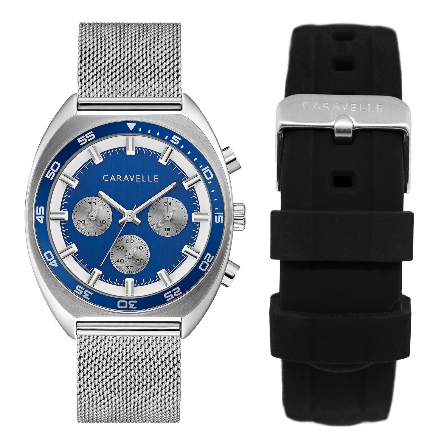 Caravelle by Bulova 43K100 men's watch featuring a blue dial with bold white markers, housed in a saddle-shaped stainless steel case—front view.