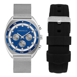 Caravelle by Bulova 43K100 men's watch featuring a blue dial with bold white markers, housed in a saddle-shaped stainless steel case—front view.