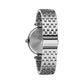Rear view of the Caravelle by Bulova 43L206, highlighting the stainless steel case back and the bracelet's fold-over clasp mechanism.​