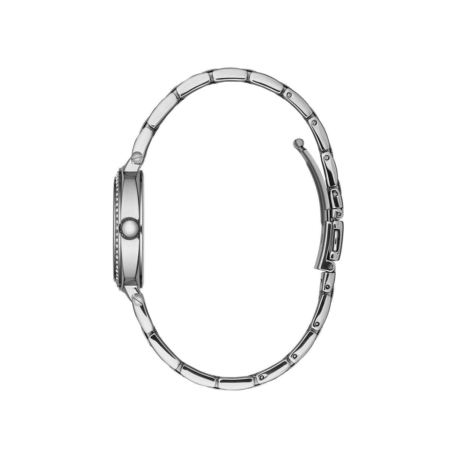 Side profile of the Caravelle by Bulova 43L206, showcasing the sleek stainless steel case and the crystal-embellished bezel.​
