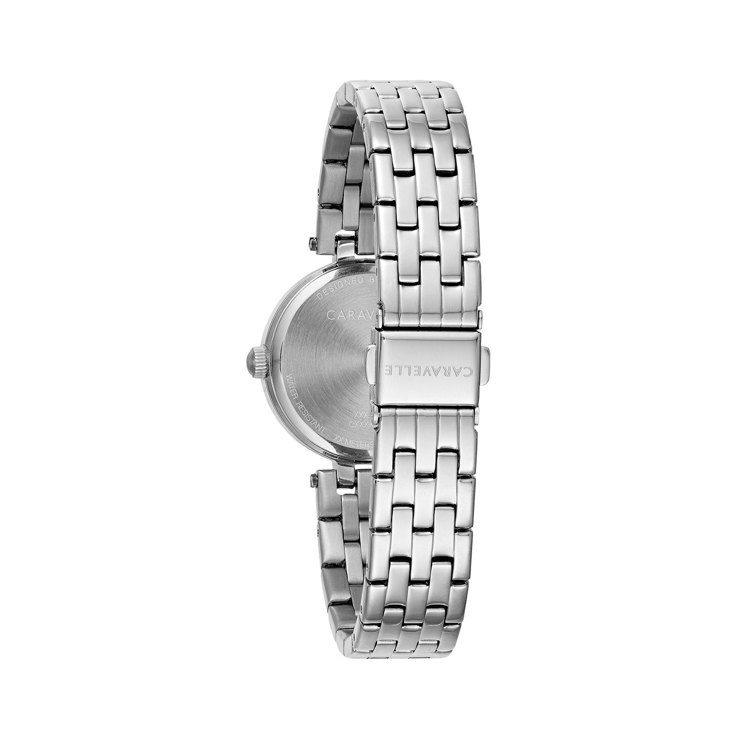  Rear view of the Caravelle by Bulova 43L210, highlighting the stainless steel case back and the bracelet's fold-over clasp mechanism.