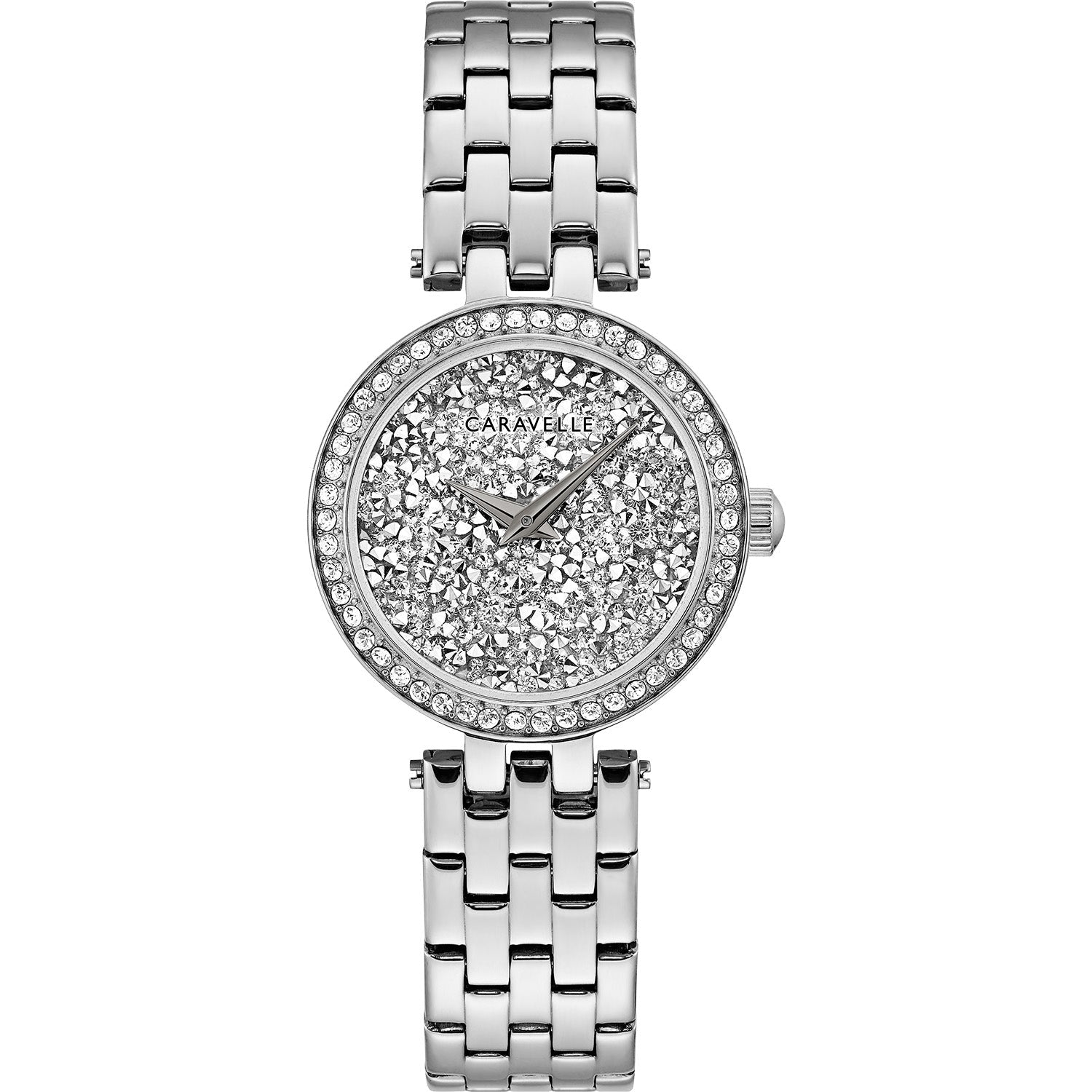 Caravelle by Bulova 43L210 women's watch featuring a silver dial adorned with 380 Austrian crystals, encased in a stainless steel case, paired with a matching stainless steel bracelet.