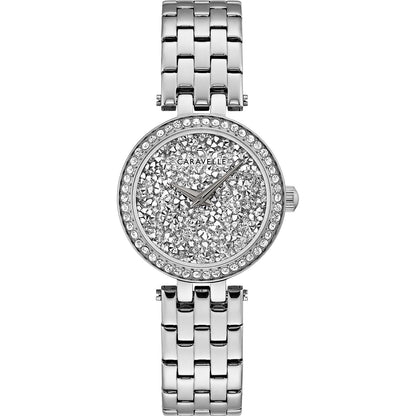 Caravelle by Bulova 43L210 women's watch featuring a silver dial adorned with 380 Austrian crystals, encased in a stainless steel case, paired with a matching stainless steel bracelet.