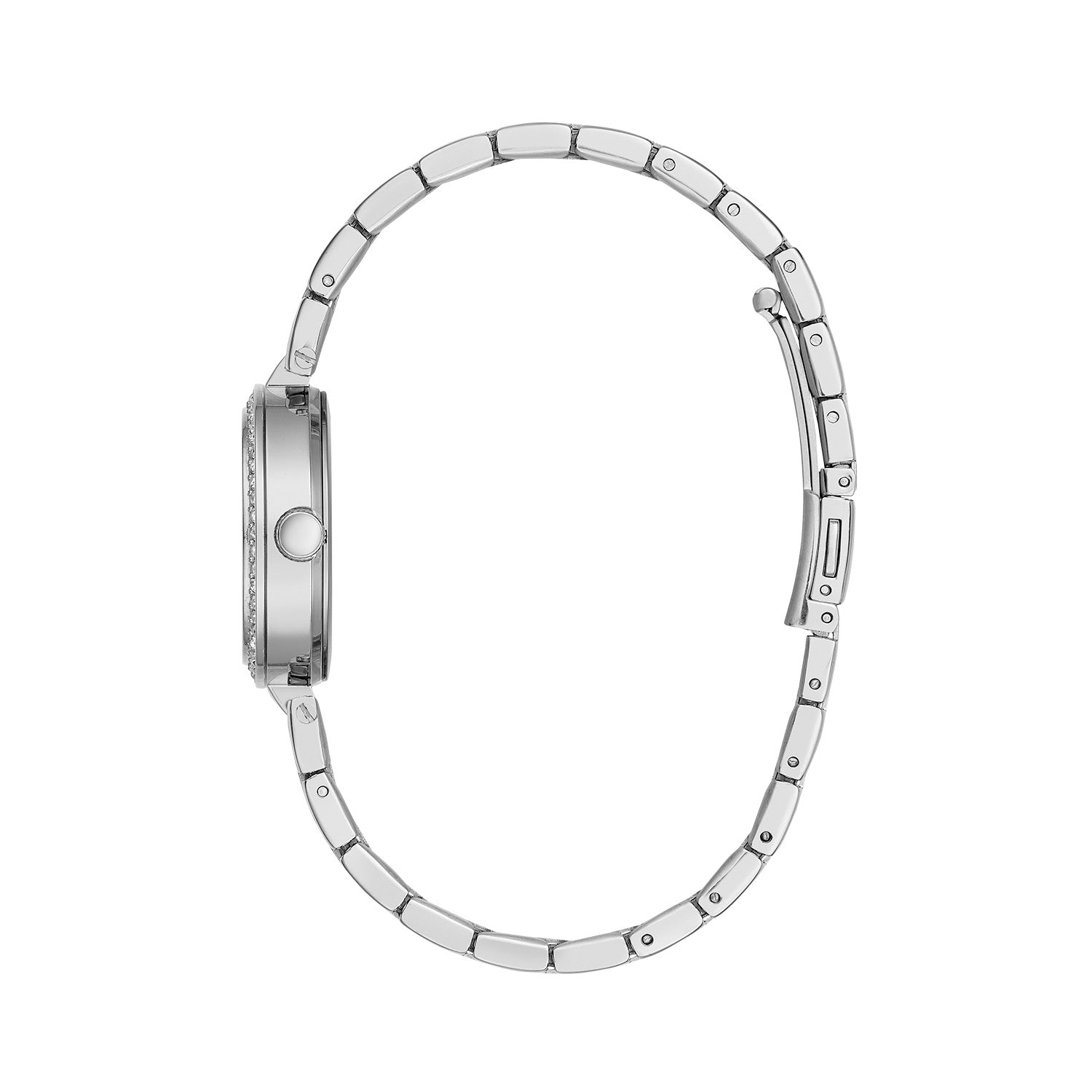 Side profile of the Caravelle by Bulova 43L210, showcasing the sleek stainless steel case and the crystal-set bezel.