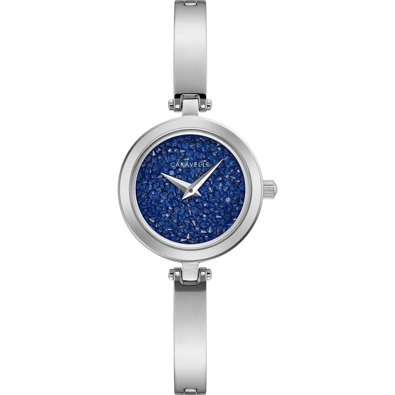 Caravelle by Bulova 43L215 watch with a blue crystal-adorned dial and stainless steel bangle bracelet.