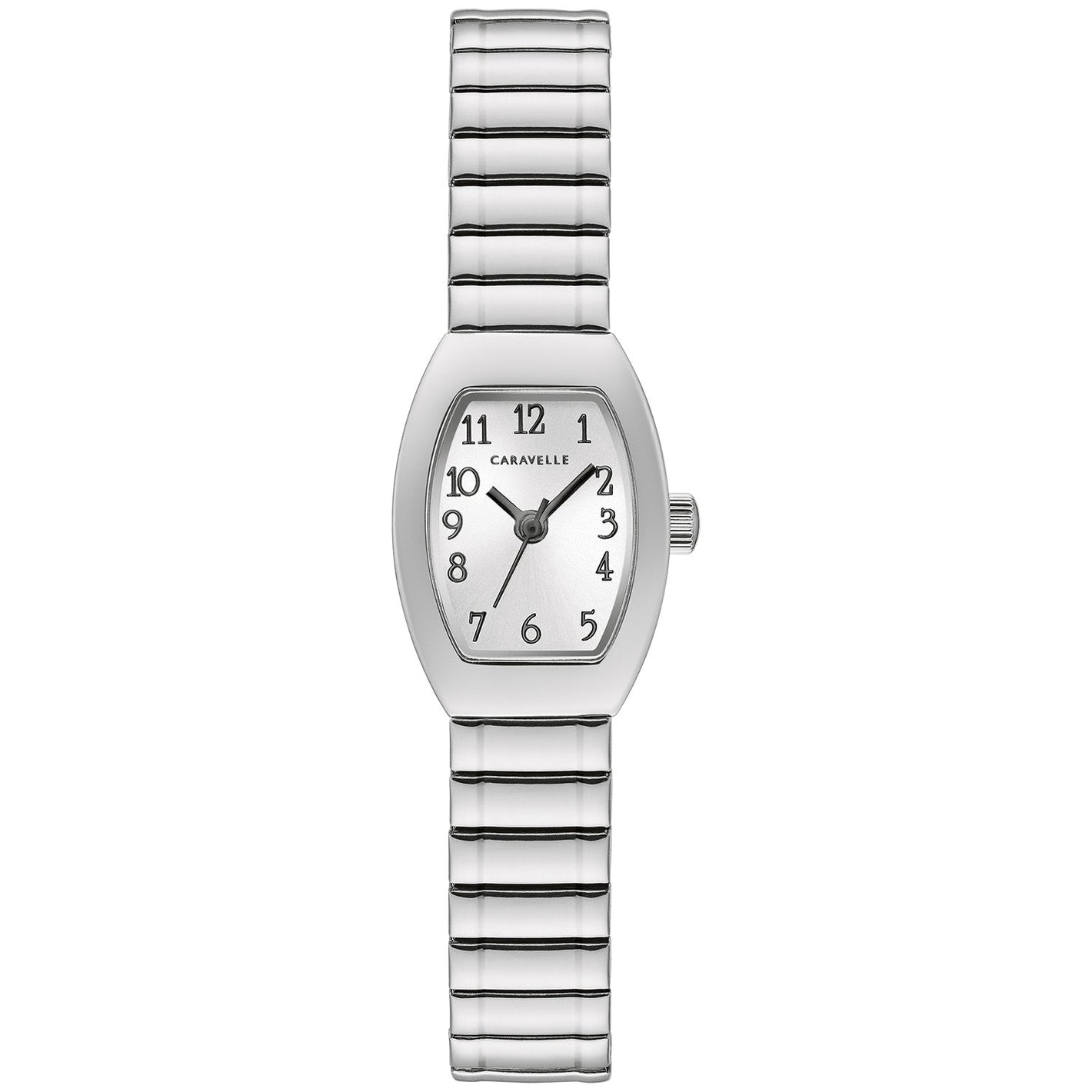 Caravelle by Bulova 43L218 women's watch showcasing a silver-tone dial with bold Arabic numerals and a stainless steel expansion bracelet.