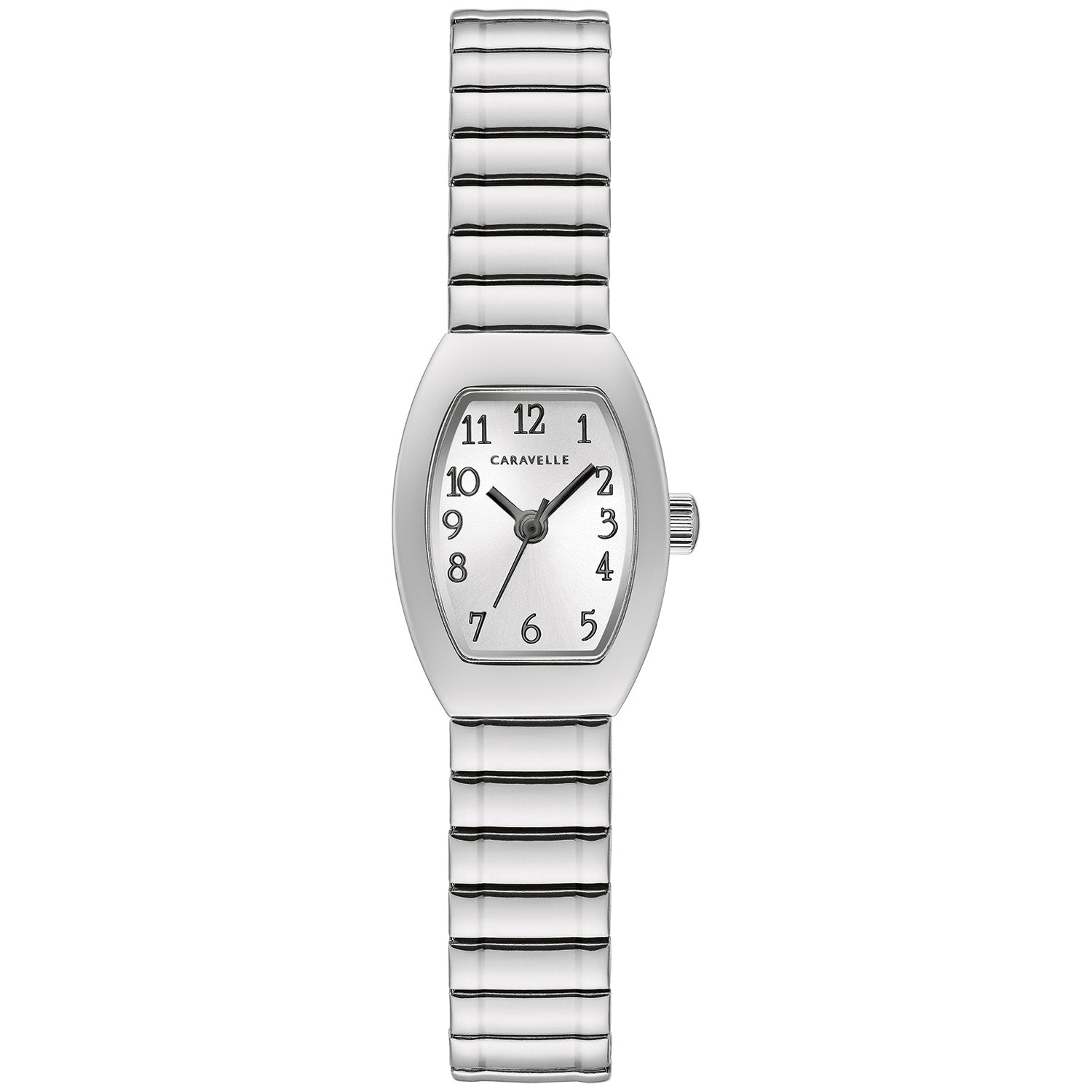 Caravelle by Bulova 43L218 women's watch showcasing a silver-tone dial with bold Arabic numerals and a stainless steel expansion bracelet.
