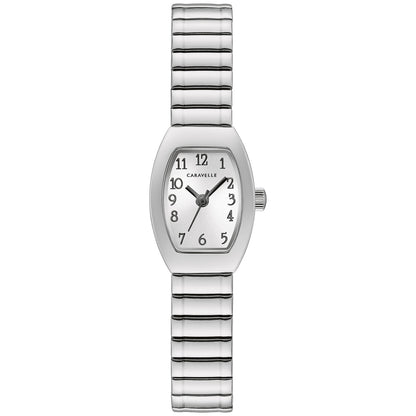 Caravelle by Bulova 43L218 women's watch showcasing a silver-tone dial with bold Arabic numerals and a stainless steel expansion bracelet.