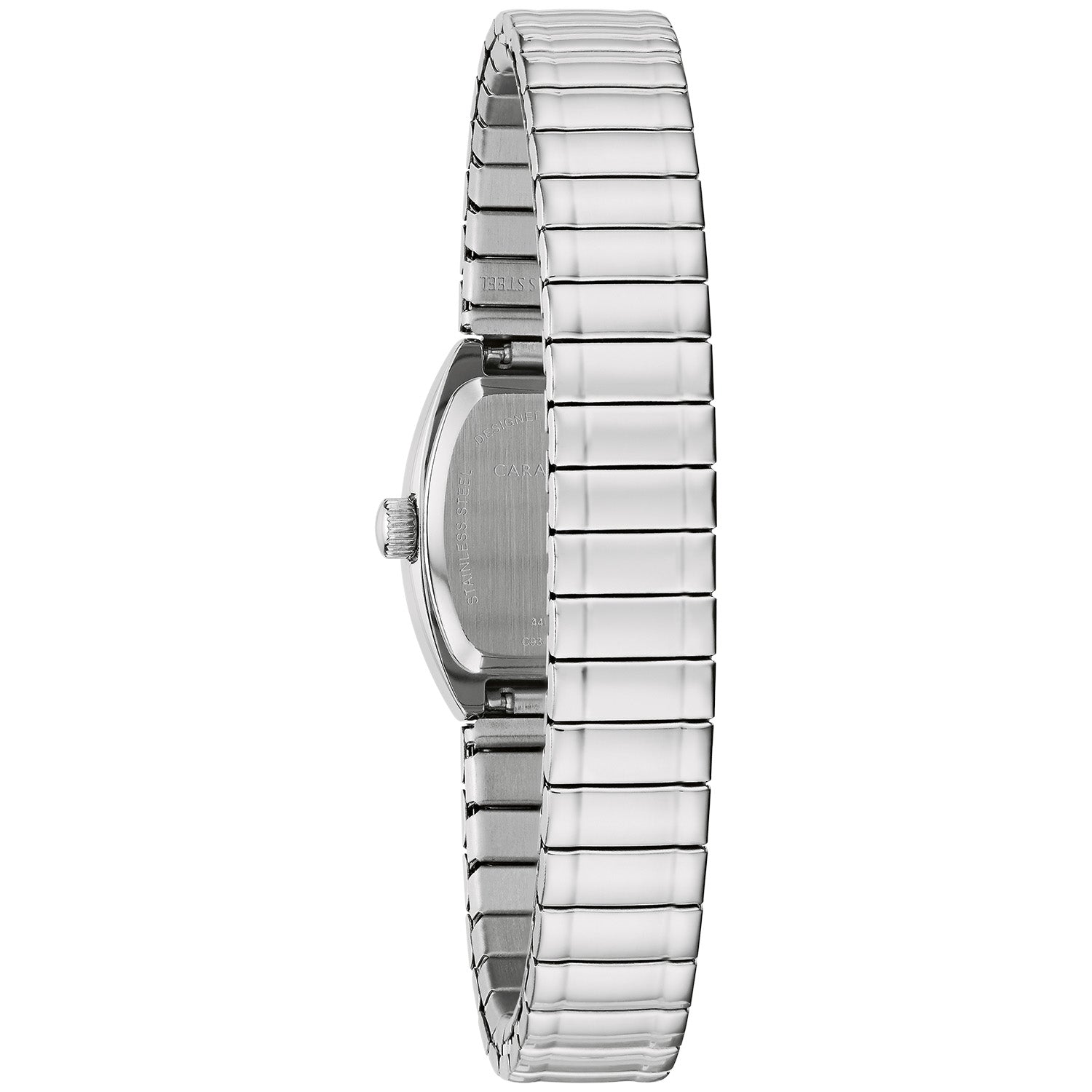 Back view of the Caravelle by Bulova 43L218, displaying the stainless steel case back with engraved brand logo.