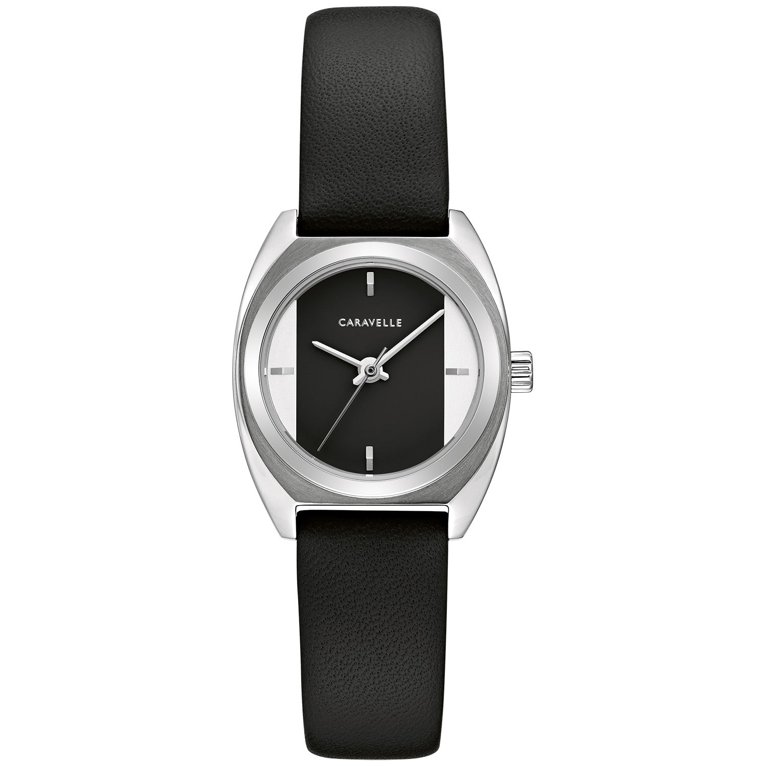 Caravelle by Bulova 43L220 women's watch featuring a black dial with silver-tone hands and index markers, encased in a 26mm stainless steel case, paired with a black leather strap.​