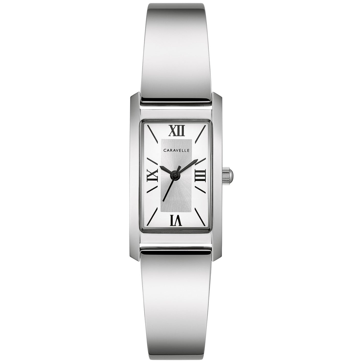 Caravelle by Bulova 43L221 women's watch showcasing a silver-white dial within an 18mm x 33mm rectangular stainless steel case, paired with a high-polish stainless steel bangle bracelet—front view.