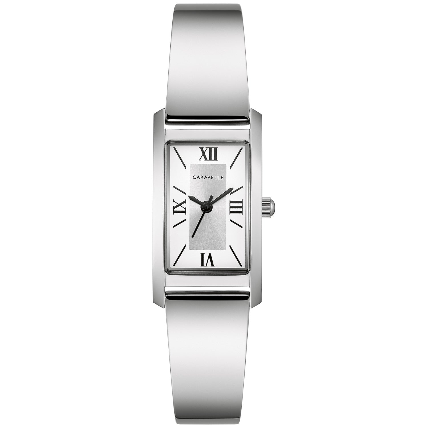 Caravelle by Bulova 43L221 women's watch showcasing a silver-white dial within an 18mm x 33mm rectangular stainless steel case, paired with a high-polish stainless steel bangle bracelet—front view.