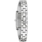 Side profile of the Caravelle by Bulova 43L221, highlighting the sleek stainless steel case and the seamless transition of the bangle to the adjustable link bracelet.