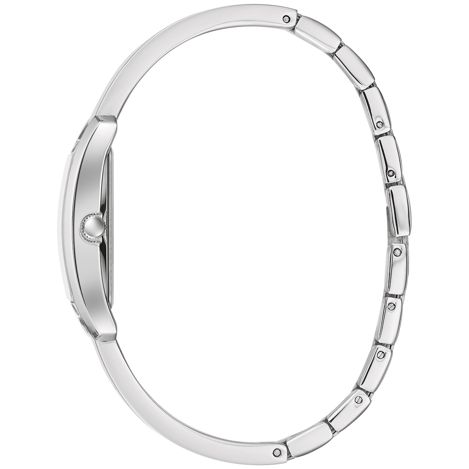Side profile of the Caravelle by Bulova 43L221, highlighting the sleek stainless steel case and the seamless transition of the bangle to the adjustable link bracelet.
