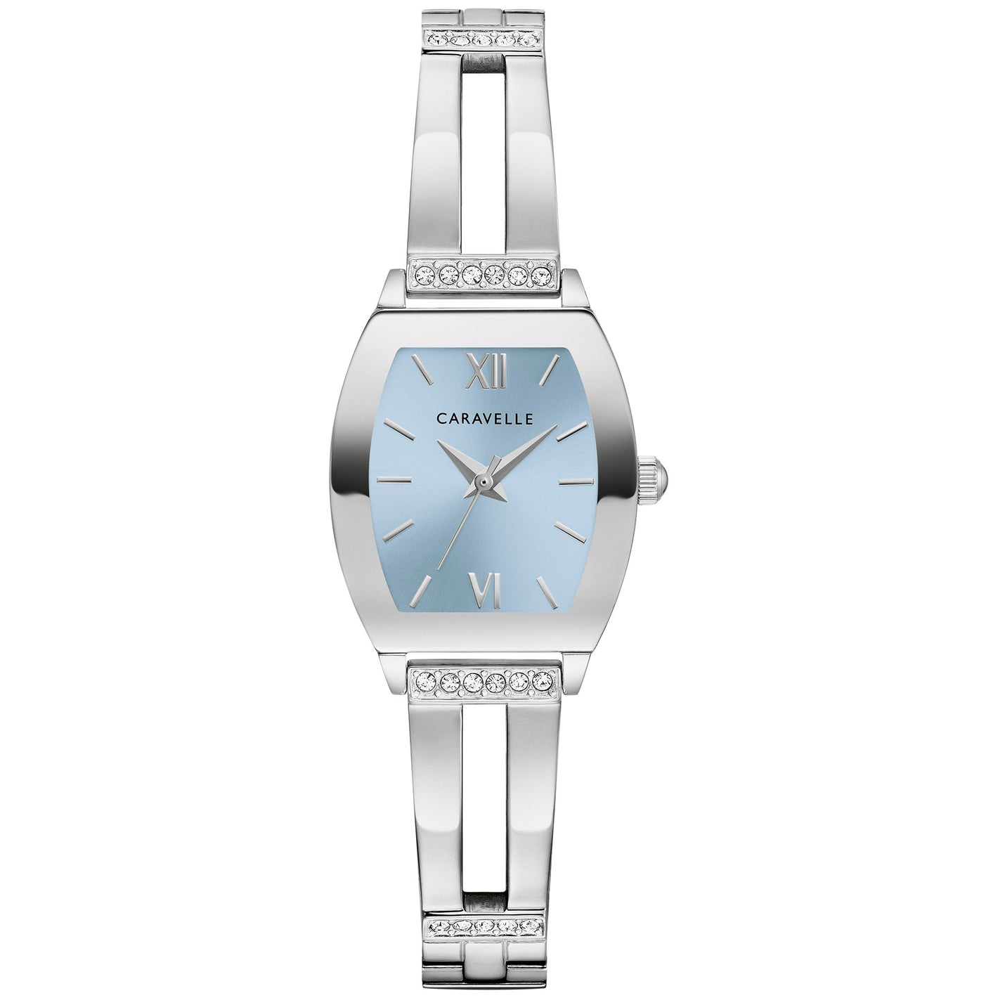 Caravelle by Bulova 43L223 women's watch with a 22mm silver-tone stainless steel case, light blue sunray dial, and crystal-accented expandable bangle.