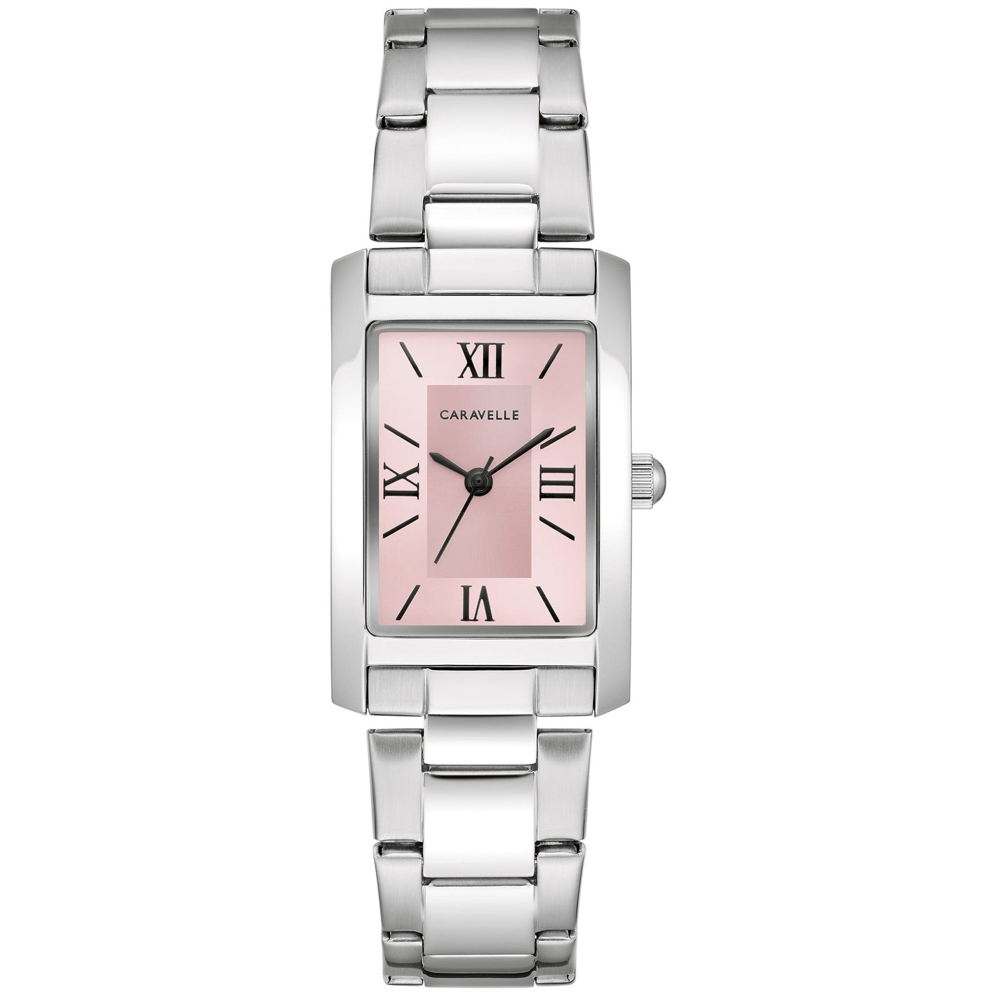 Caravelle 43L224 women's watch with a rectangular silver-tone stainless steel case and radiant pink dial—front view.