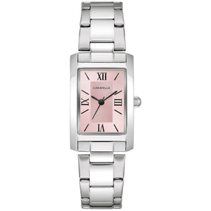 Caravelle 43L224 women's watch with a rectangular silver-tone stainless steel case and radiant pink dial—front view.