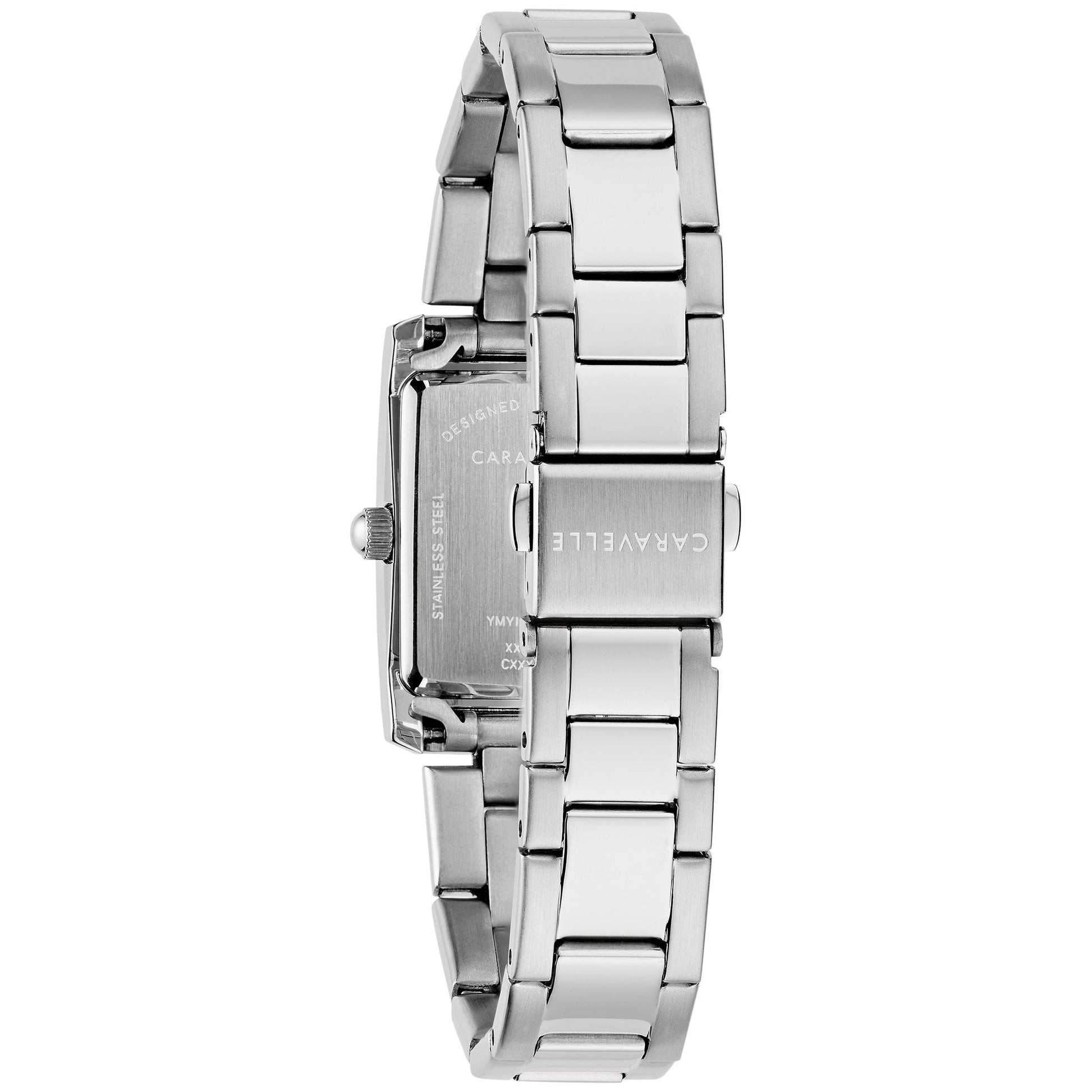 Rear view of the Caravelle 43L224 highlighting the stainless steel bracelet and push-button folding clasp.