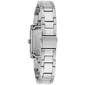Rear view of the Caravelle 43L224 highlighting the stainless steel bracelet and push-button folding clasp.