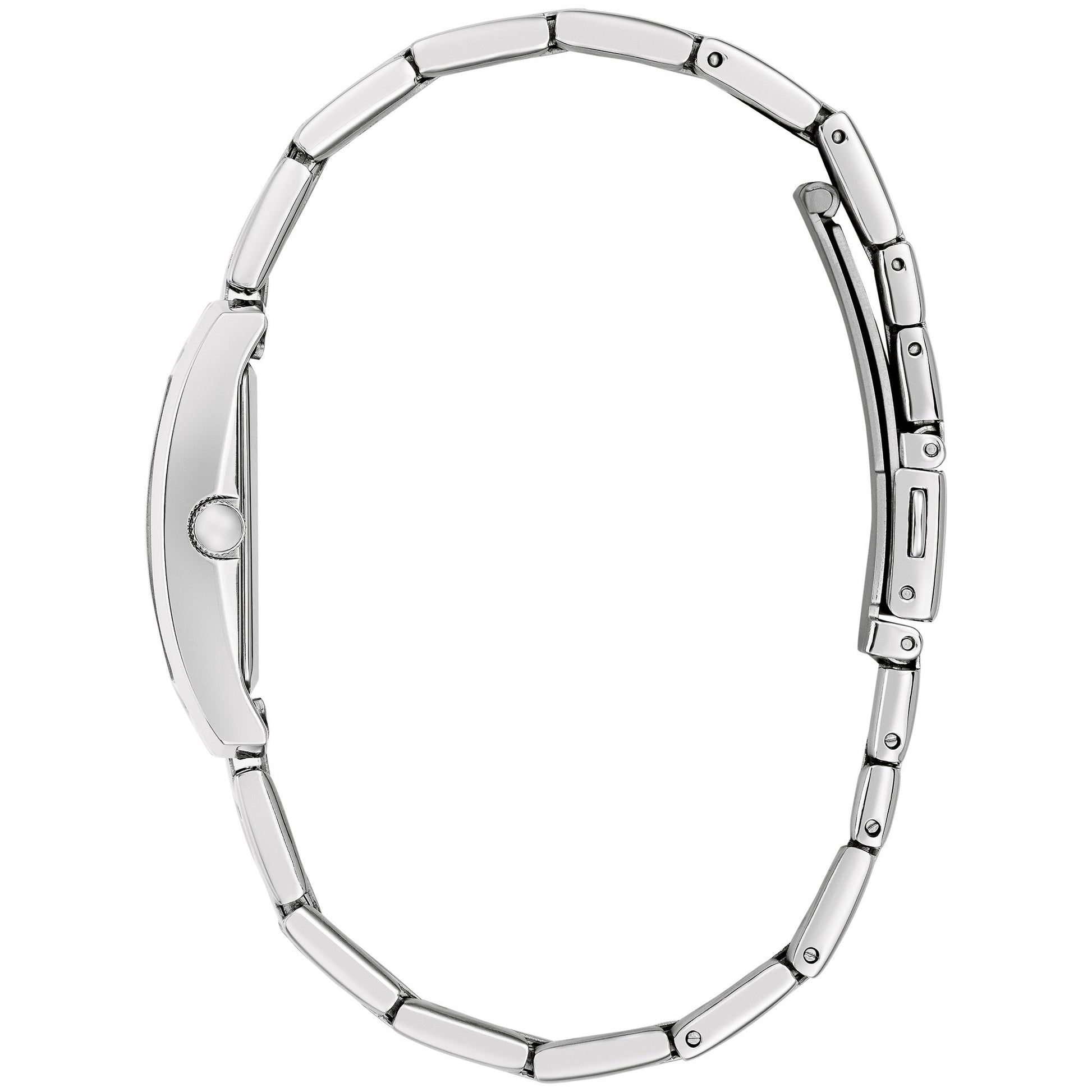 Side profile of the Caravelle 43L224 showcasing the curved mineral crystal and polished case design.