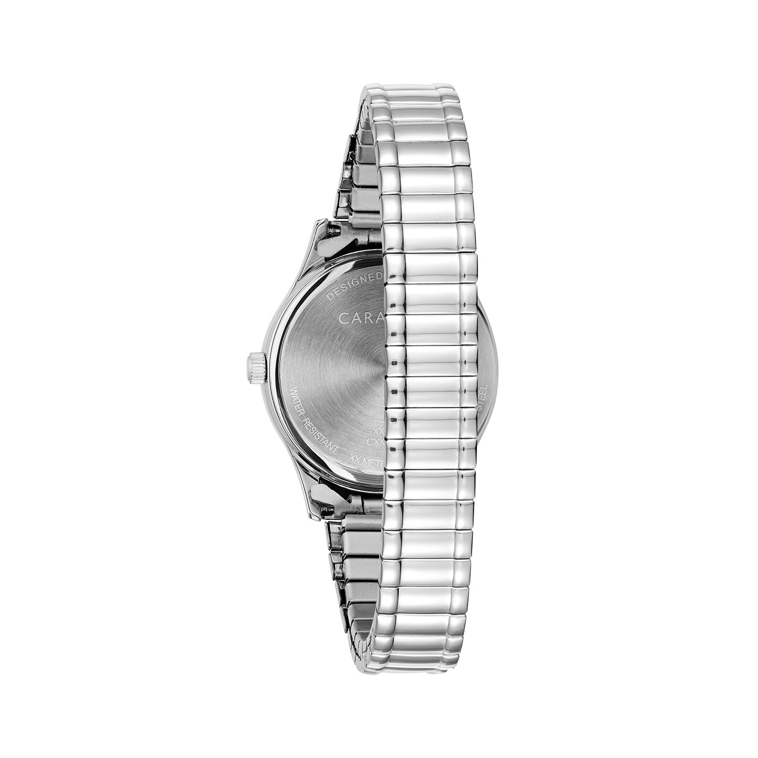 Back view of the Caravelle by Bulova 43M119, displaying the stainless steel case back with engraved brand logo.
