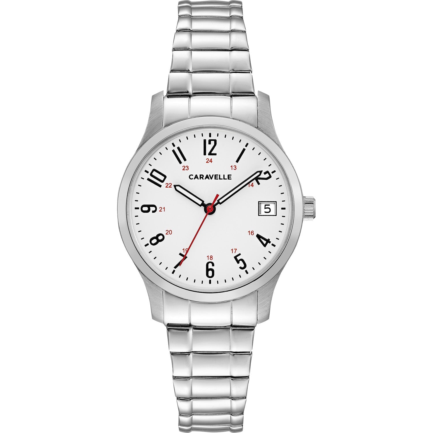 Caravelle by Bulova 43M119 women's watch showcasing a white dial with Arabic numerals, 24-hour format, and date display, complemented by a stainless steel expansion bracelet.
