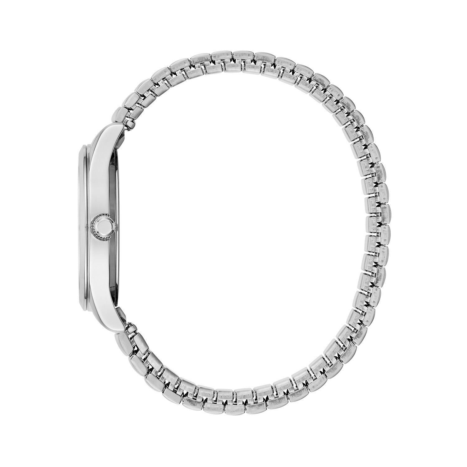 Profile view of the Caravelle by Bulova 43M119, highlighting the sleek stainless steel case and the flexibility of the expansion bracelet.