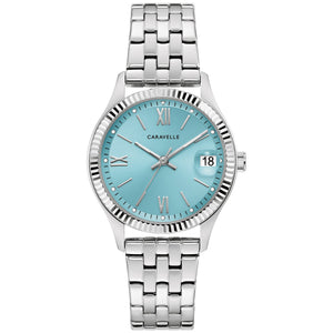 Caravelle 43M124 women’s watch with a silver-tone stainless steel case and a radiant light blue dial—front view.