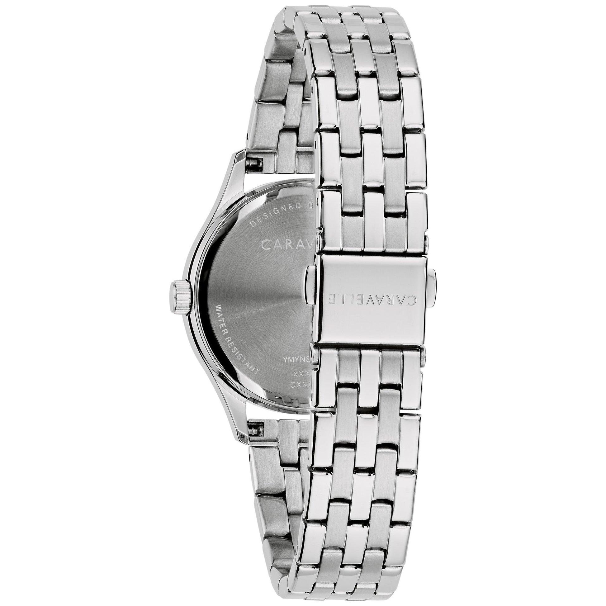 Back view of the Caravelle 43M124 displaying the stainless steel case back and clasp mechanism.