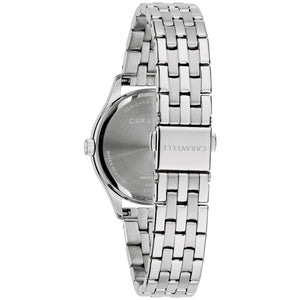 Back view of the Caravelle 43M124 displaying the stainless steel case back and clasp mechanism.